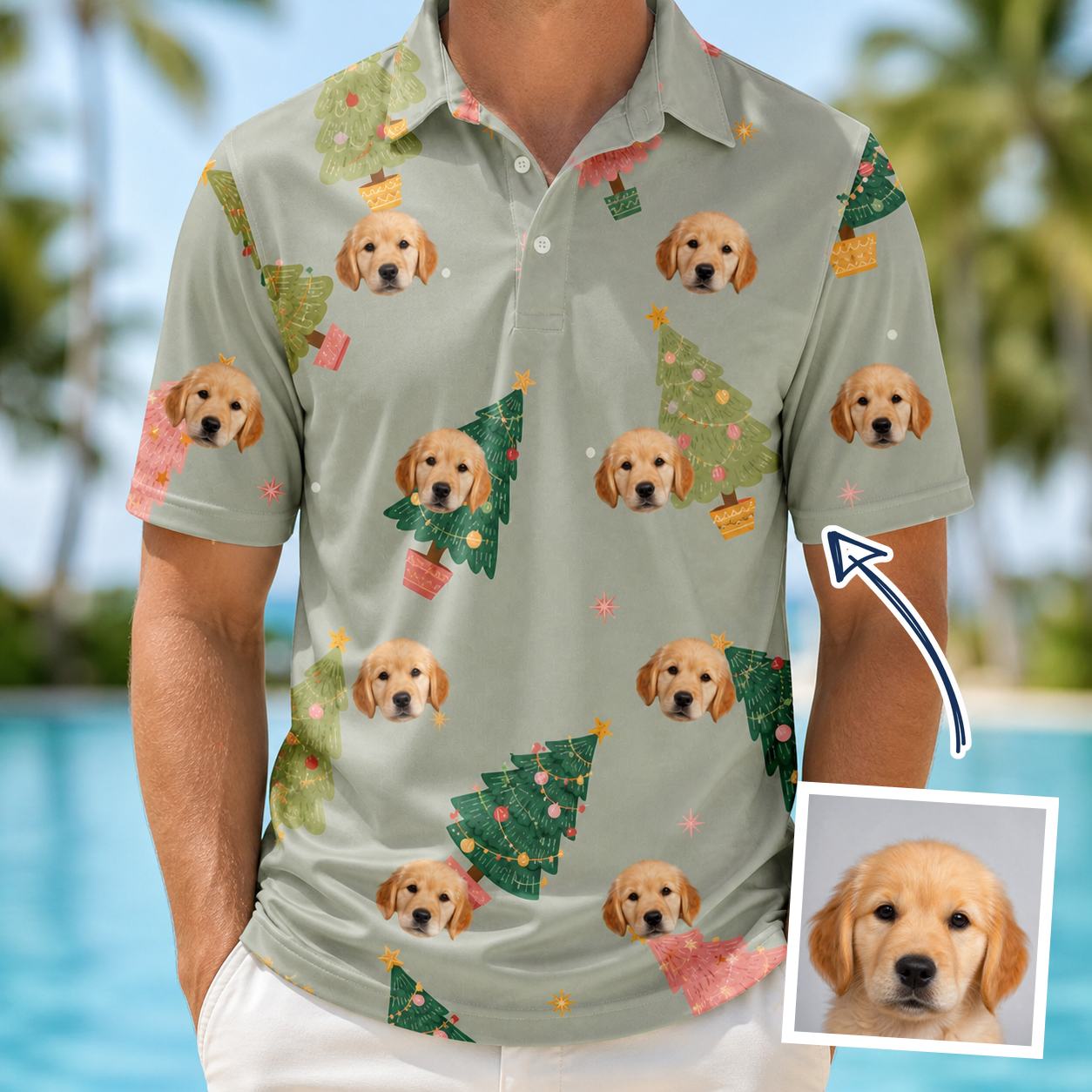 Man wearing Men's Trimmed Tannenbaums Custom Dog Face Polo Shirt — custom faces printed all-over