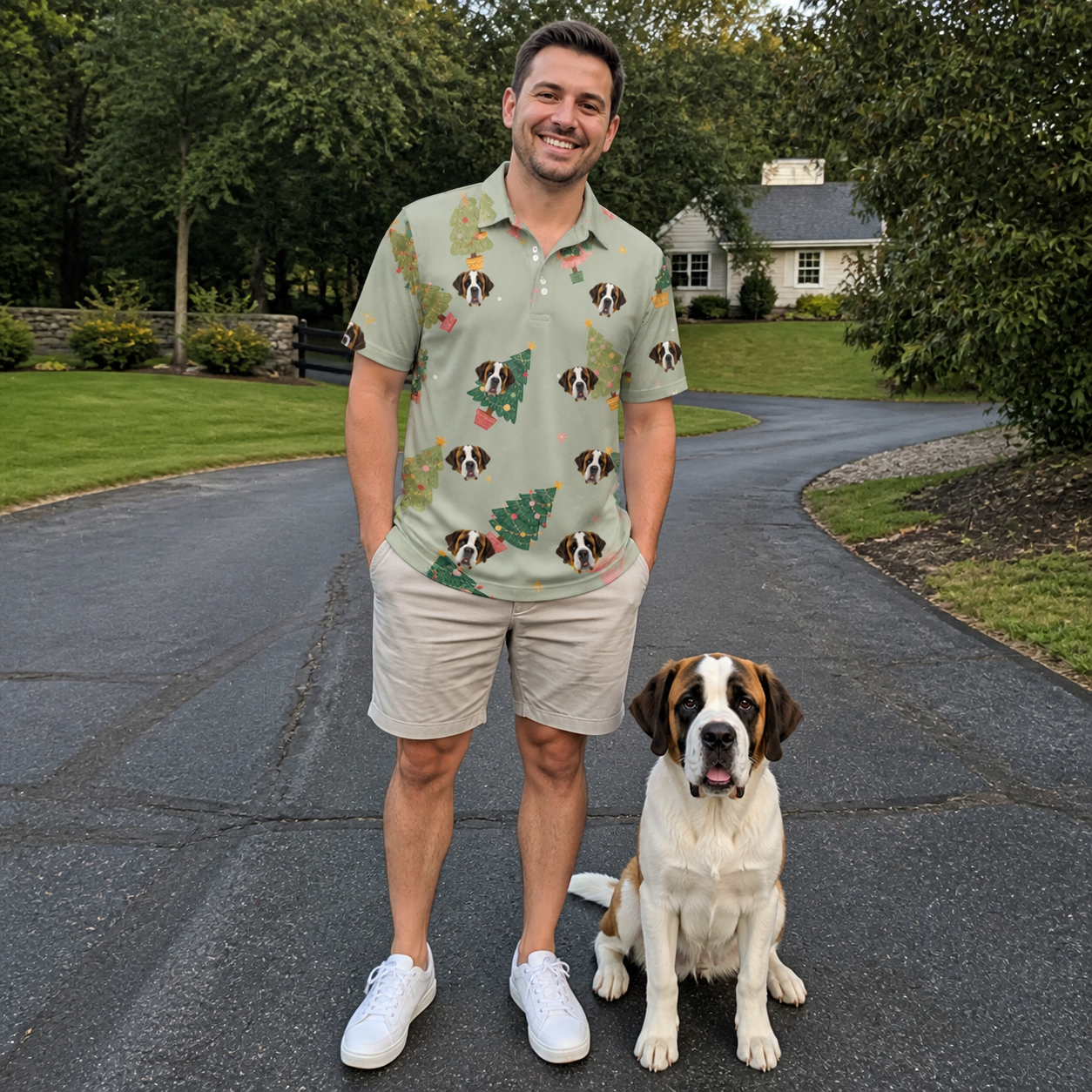 Full-length photo with the pet printed all over this Men's Trimmed Tannenbaums Custom Dog Face Polo Shirt