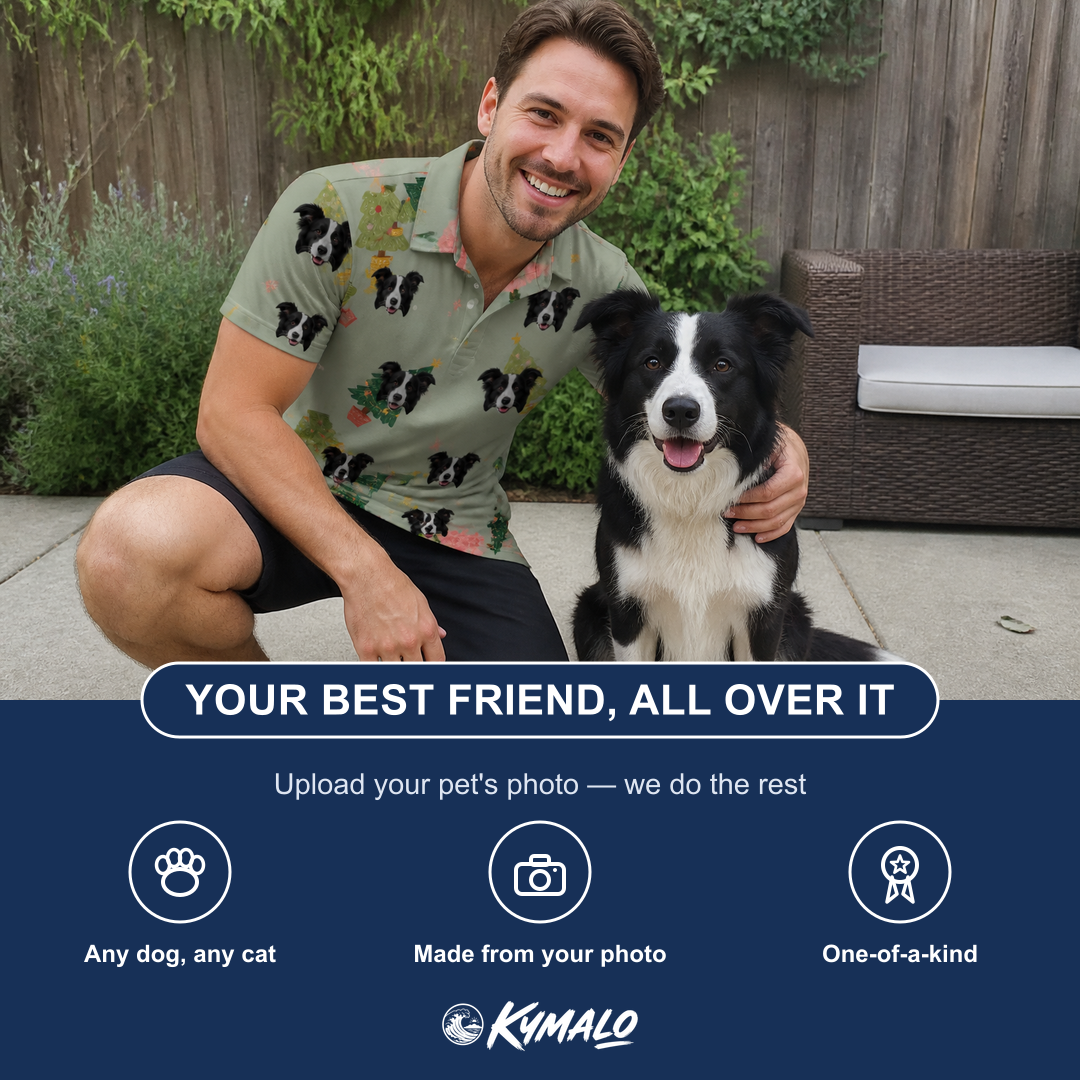 Friends in matching Men's Trimmed Tannenbaums Custom Dog Face Polo Shirt — a group gift photo