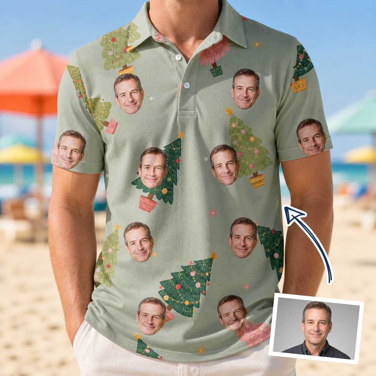 Man wearing Men's Trimmed Tannenbaums Custom Face Polo Shirt — custom faces printed all-over