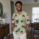 Real-life photo of someone wearing Men's Trimmed Tannenbaums Custom Face Polo Shirt — custom faces printed all-over