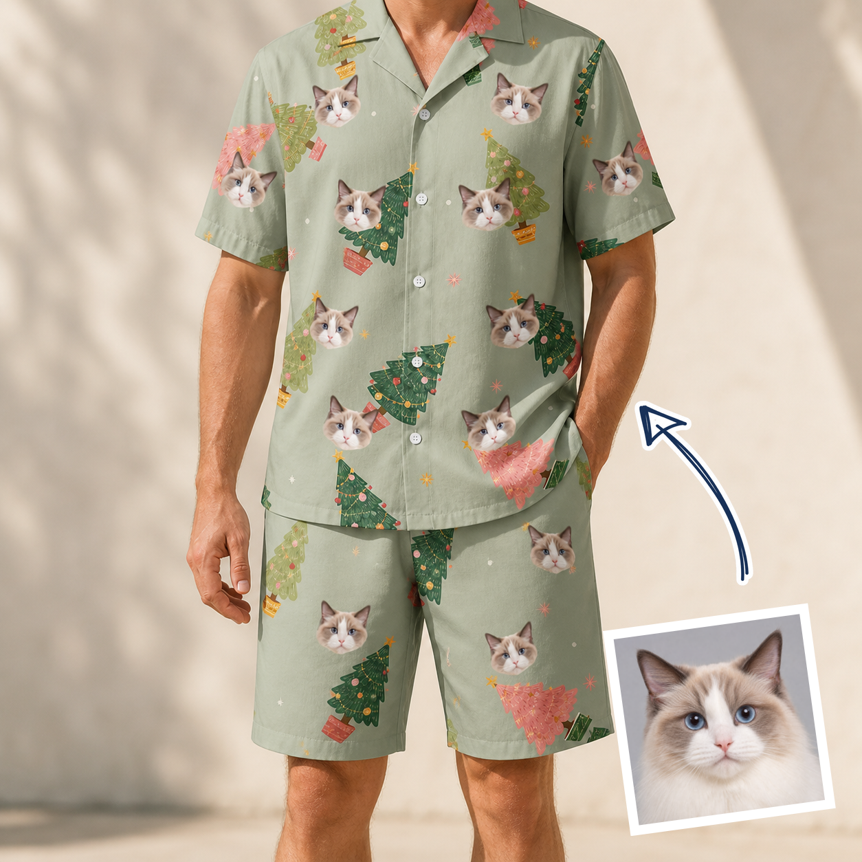 Man wearing Men's Trimmed Tannenbaums Custom Cat Face Shirt & Shorts Set — custom faces printed all-over