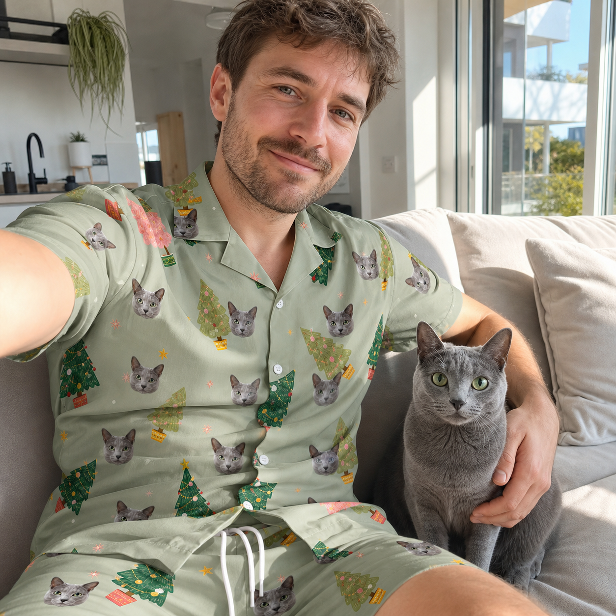 Selfie with the pet whose face is printed all over this Men's Trimmed Tannenbaums Custom Cat Face Shirt & Shorts Set
