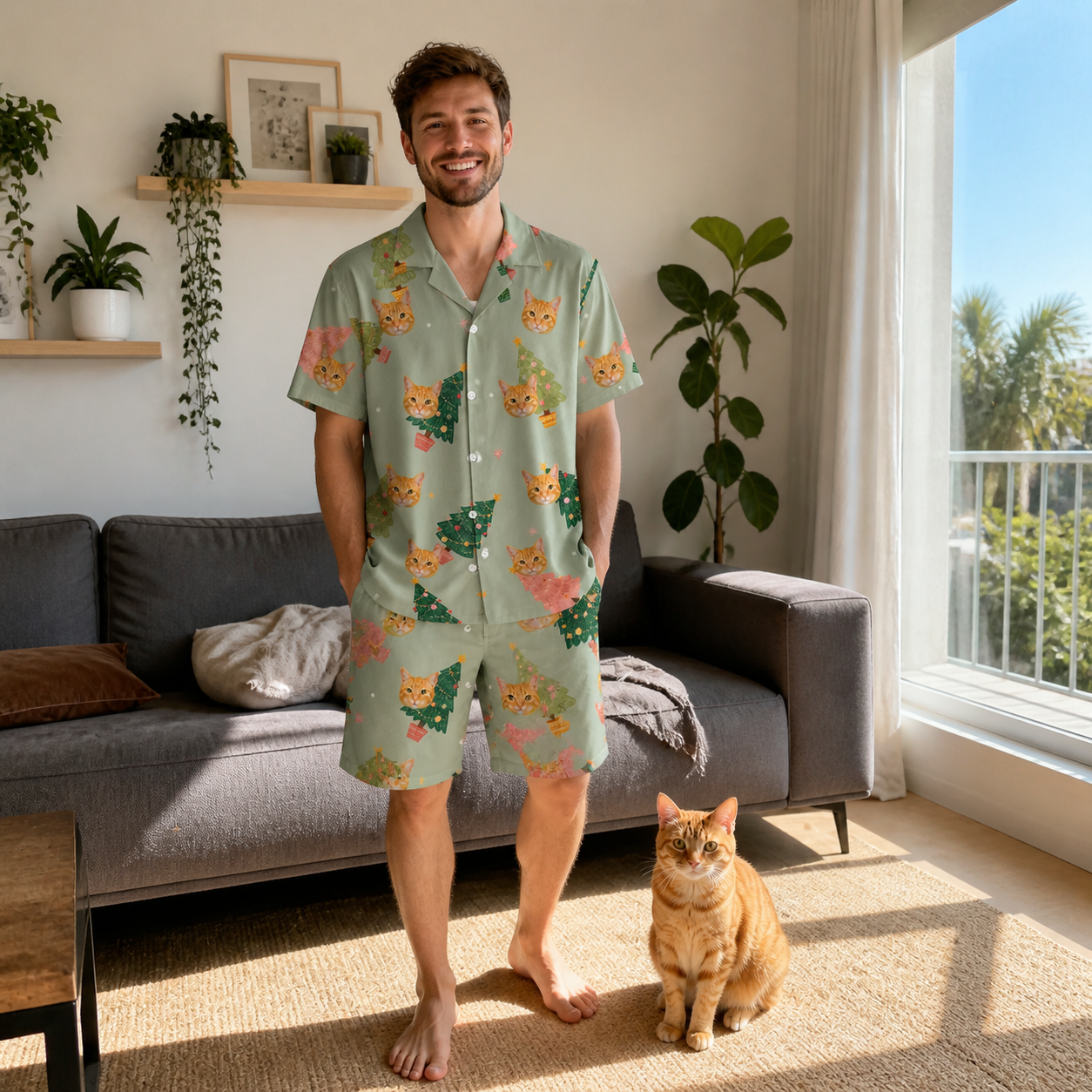 Full-length photo with the pet printed all over this Men's Trimmed Tannenbaums Custom Cat Face Shirt & Shorts Set