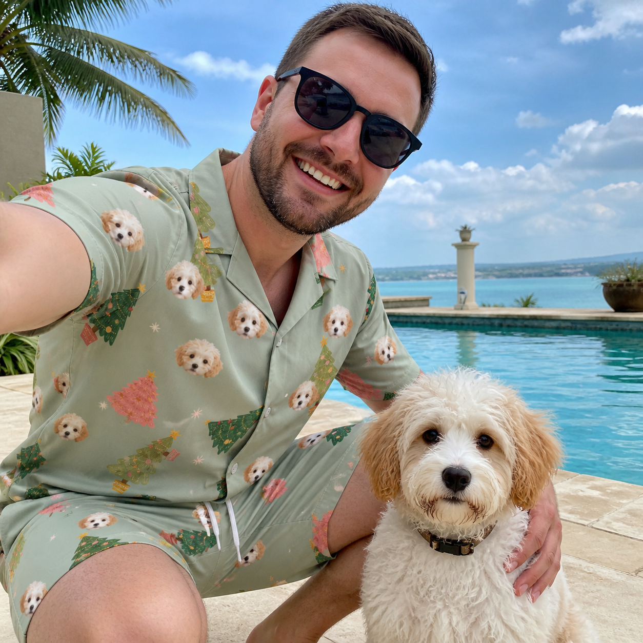 Selfie with the pet whose face is printed all over this Men's Trimmed Tannenbaums Custom Dog Face Shirt & Shorts Set