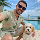 Selfie with the pet whose face is printed all over this Men's Trimmed Tannenbaums Custom Dog Face Shirt & Shorts Set