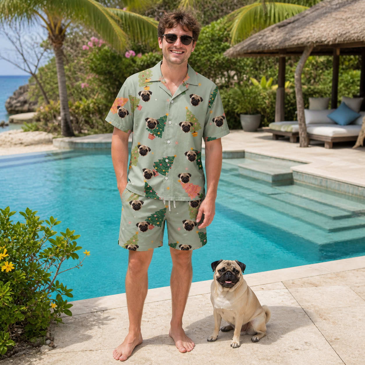 Full-length photo with the pet printed all over this Men's Trimmed Tannenbaums Custom Dog Face Shirt & Shorts Set