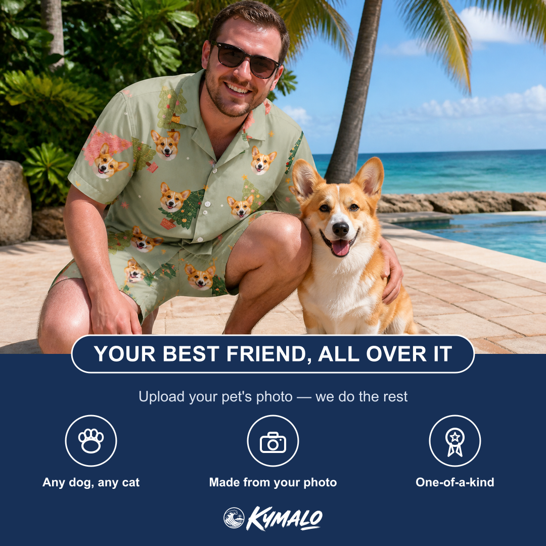 Friends in matching Men's Trimmed Tannenbaums Custom Dog Face Shirt & Shorts Set — a group gift photo