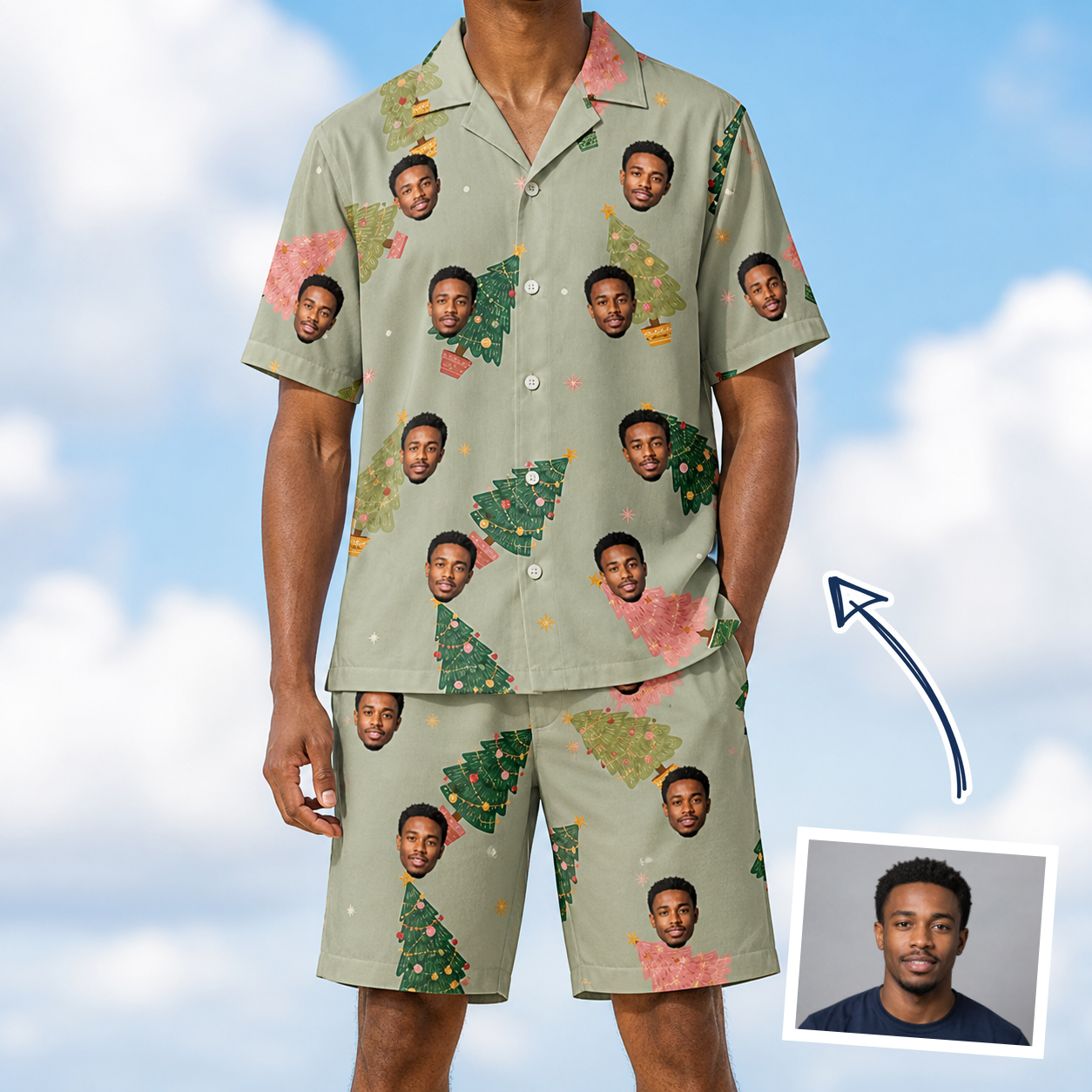 Man wearing Men's Trimmed Tannenbaums Custom Face Shirt & Shorts Set — custom faces printed all-over