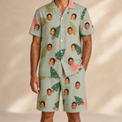 Model wearing Men's Trimmed Tannenbaums Custom Face Shirt & Shorts Set printed with kids' faces