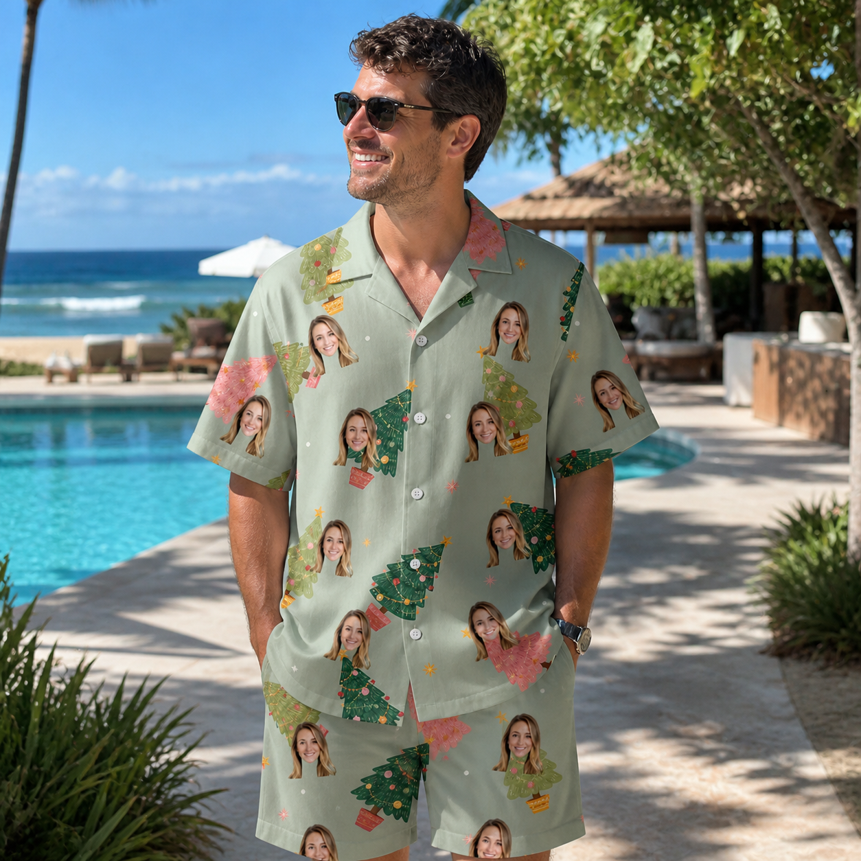 Real-life photo of someone wearing Men's Trimmed Tannenbaums Custom Face Shirt & Shorts Set — custom faces printed all-over