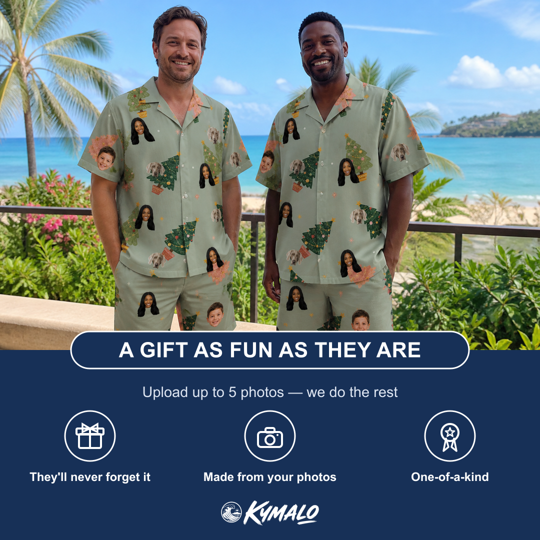 Friends in matching Men's Trimmed Tannenbaums Custom Face Shirt & Shorts Set — a group gift photo