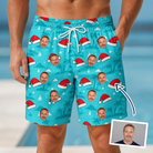 Man wearing Men's Redcap Revelry Custom Face Beach Shorts — custom faces printed all-over