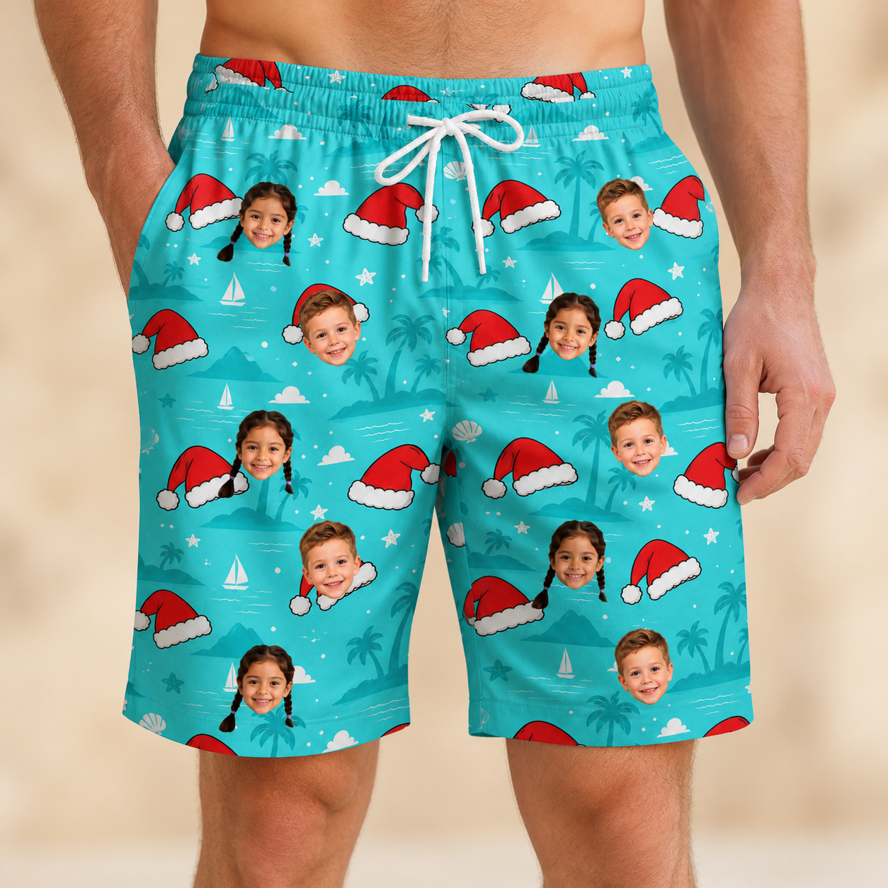 Model wearing Men's Redcap Revelry Custom Face Beach Shorts printed with kids' faces