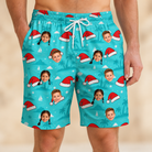 Model wearing Men's Redcap Revelry Custom Face Beach Shorts printed with kids' faces