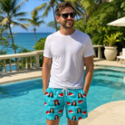 Real-life photo of someone wearing Men's Redcap Revelry Custom Face Beach Shorts — custom faces printed all-over