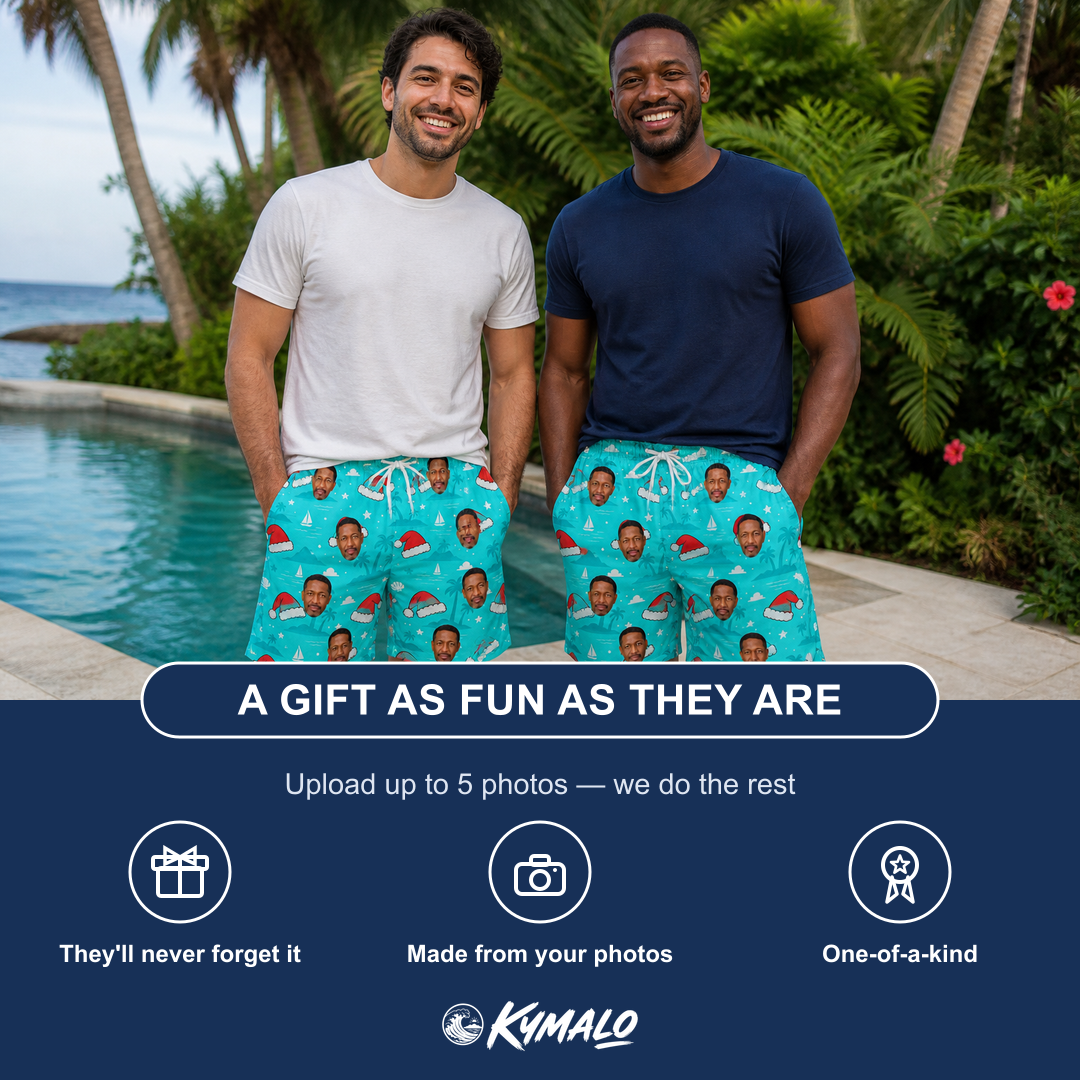 Friends in matching Men's Redcap Revelry Custom Face Beach Shorts — a group gift photo