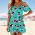 Model wearing Women's Redcap Revelry Custom Face Off-Shoulder Dress printed with kids' faces
