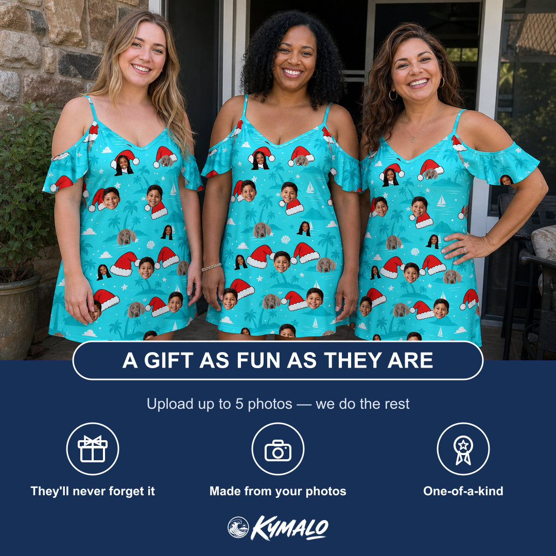 Friends in matching Women's Redcap Revelry Custom Face Off-Shoulder Dress — a group gift photo