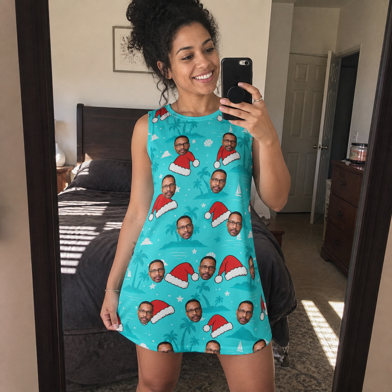 Real-life photo of someone wearing Women's Redcap Revelry Custom Face Tank Dress — custom faces printed all-over