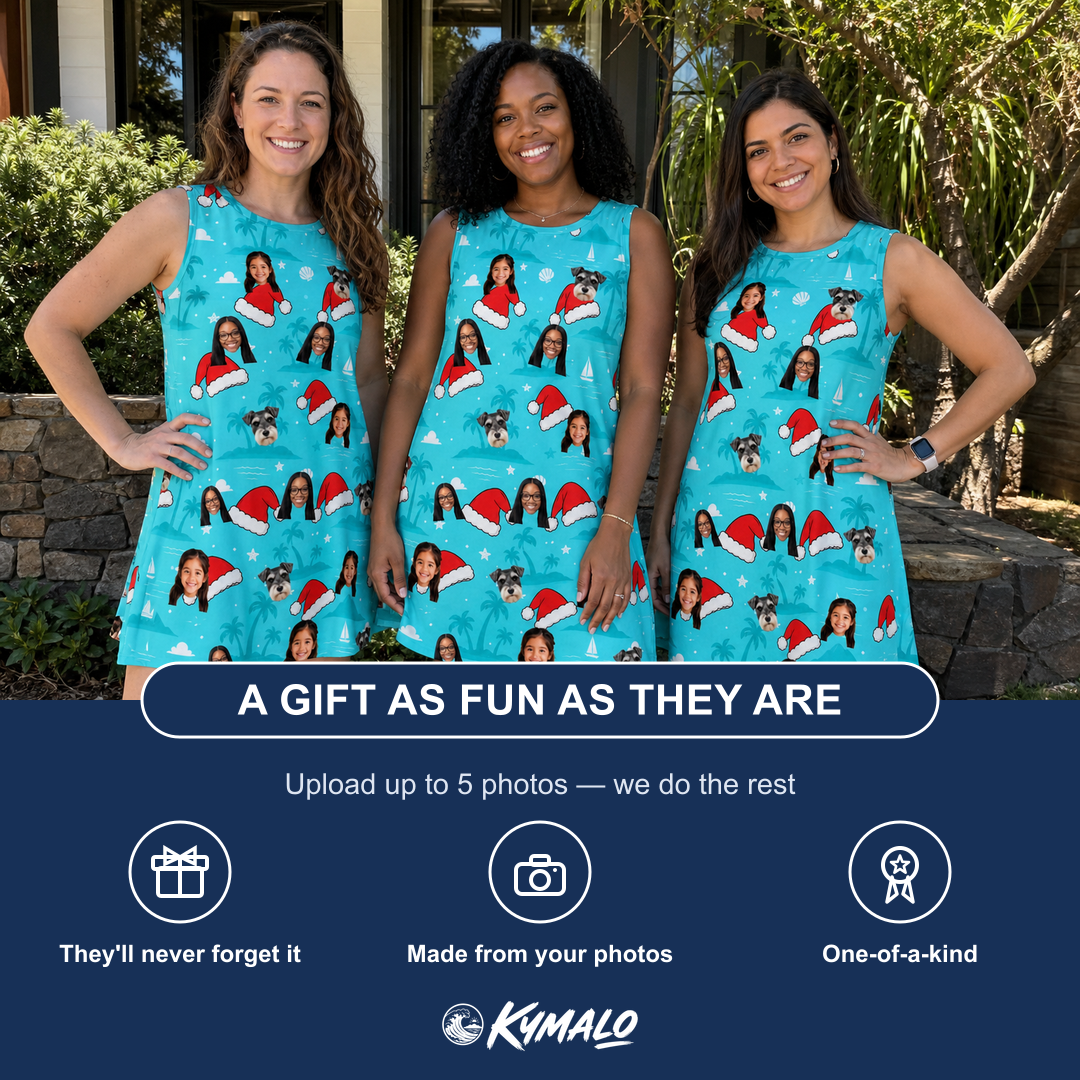 Friends in matching Women's Redcap Revelry Custom Face Tank Dress — a group gift photo