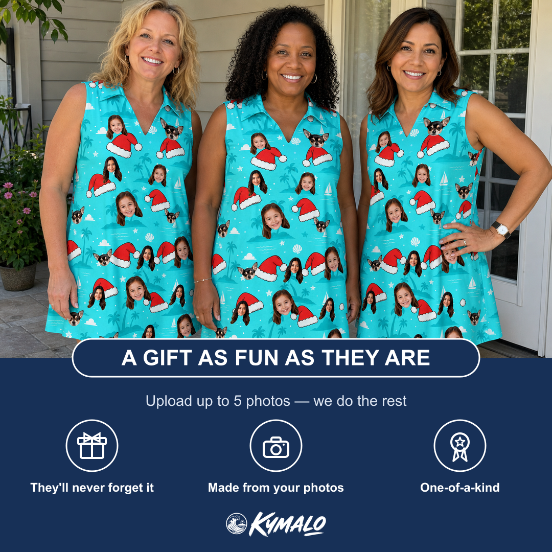 Friends in matching Women's Redcap Revelry Custom Face V-Neck Dress — a group gift photo