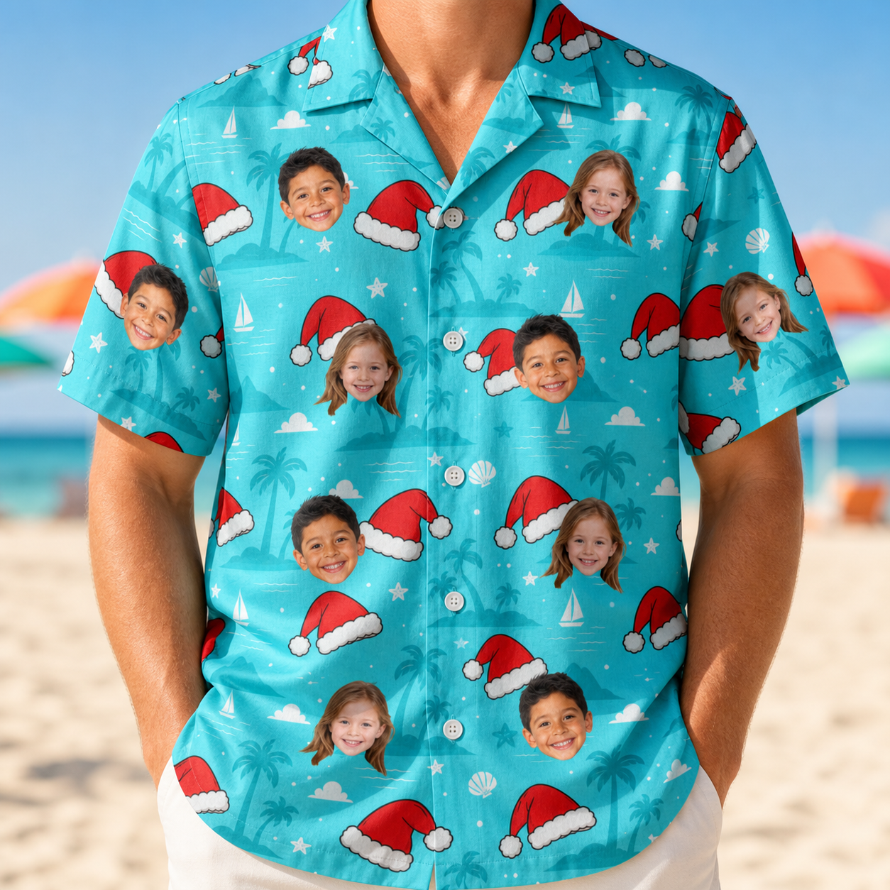 Model wearing Men's Redcap Revelry Custom Face Hawaiian Shirt printed with kids' faces
