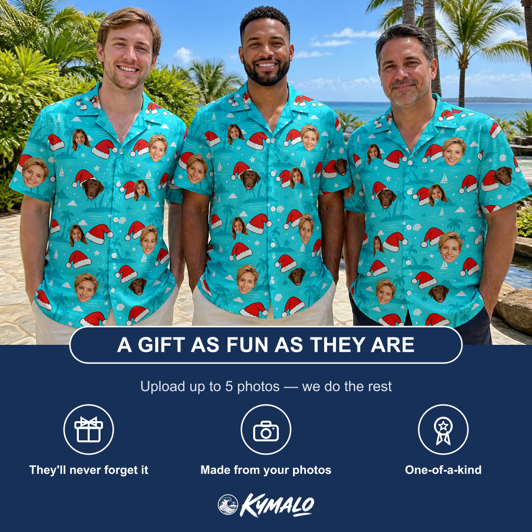 Friends in matching Men's Redcap Revelry Custom Face Hawaiian Shirt — a group gift photo