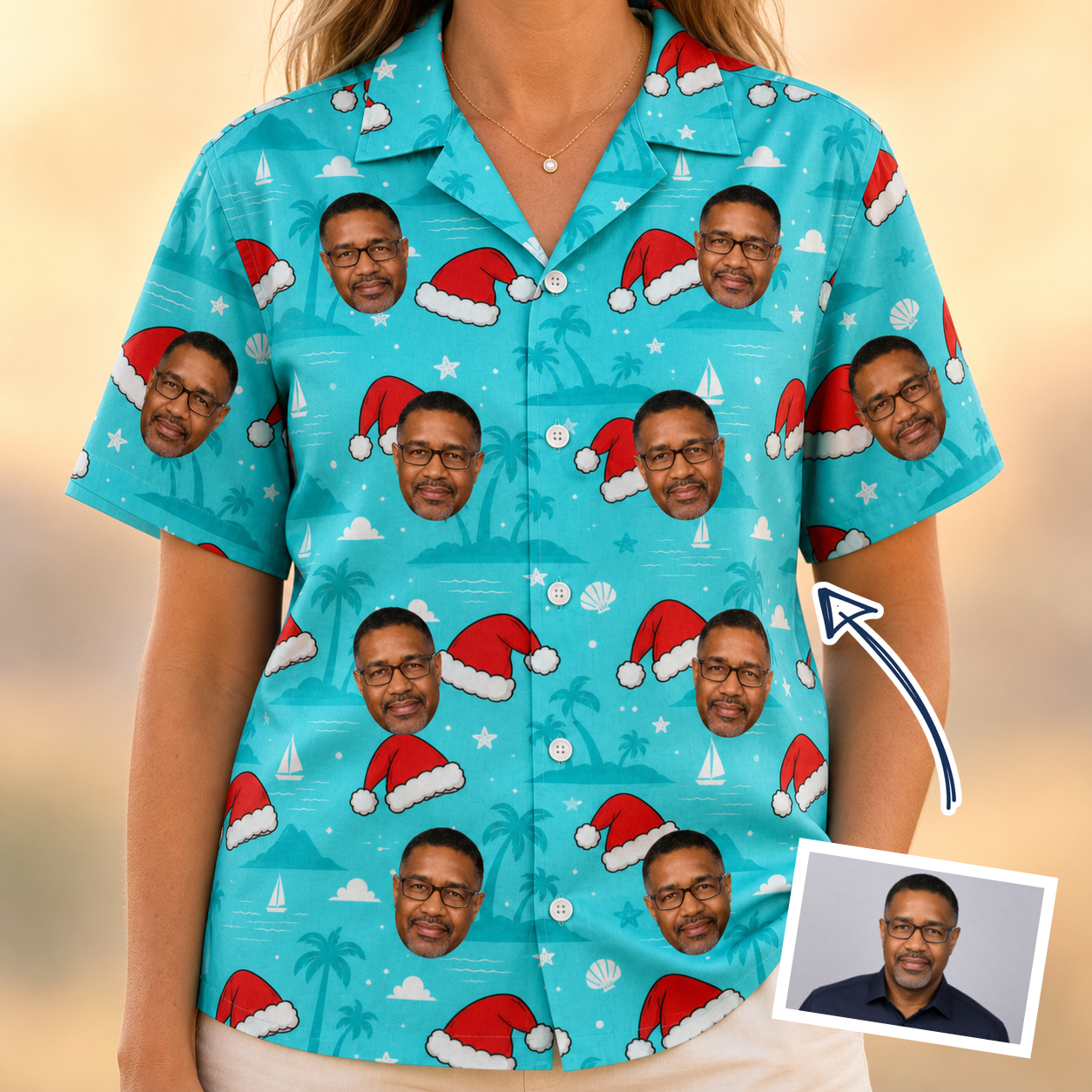 Woman wearing Women's Redcap Revelry Custom Face Hawaiian Shirt — custom faces printed all-over