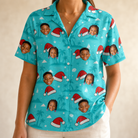 Model wearing Women's Redcap Revelry Custom Face Hawaiian Shirt printed with kids' faces