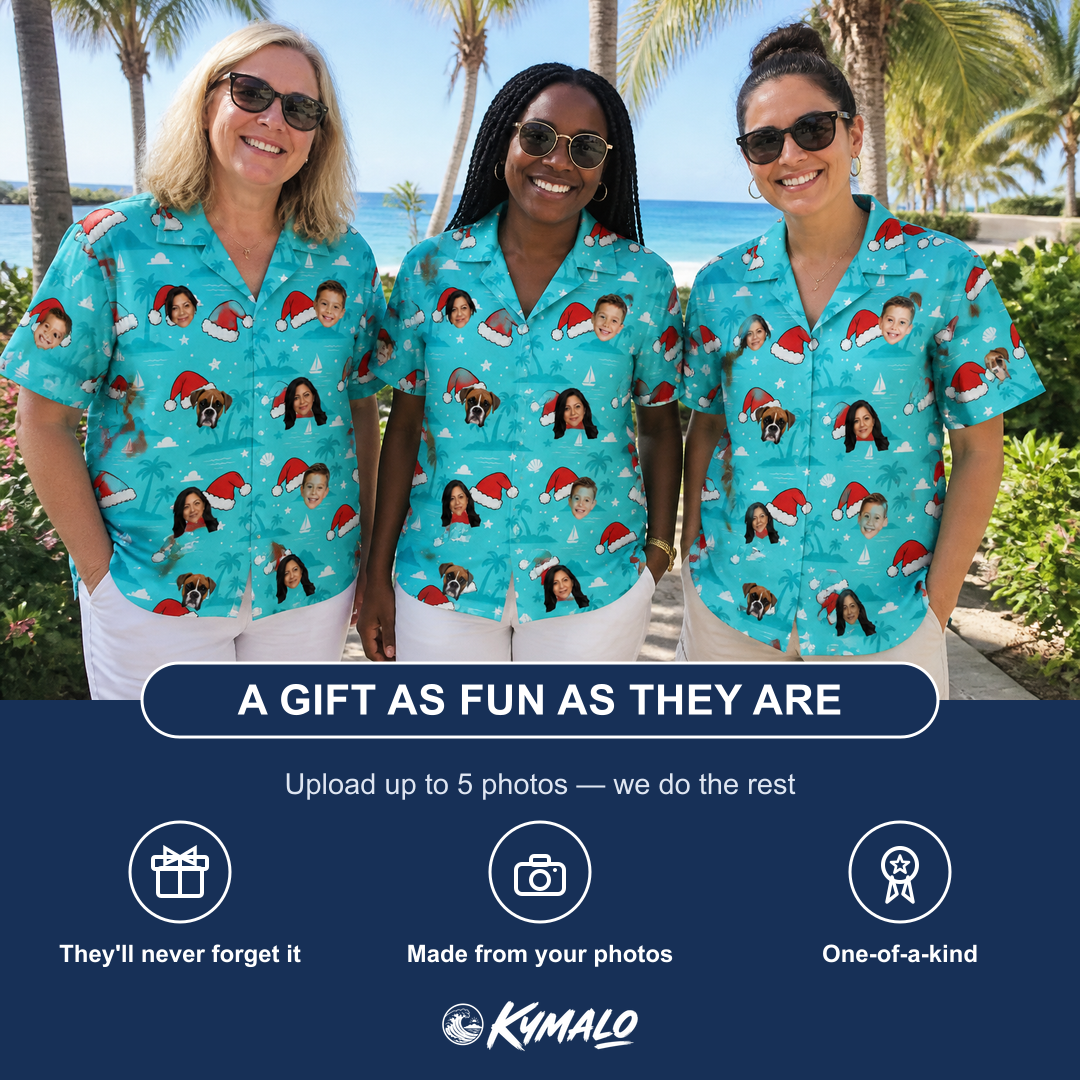 Friends in matching Women's Redcap Revelry Custom Face Hawaiian Shirt — a group gift photo