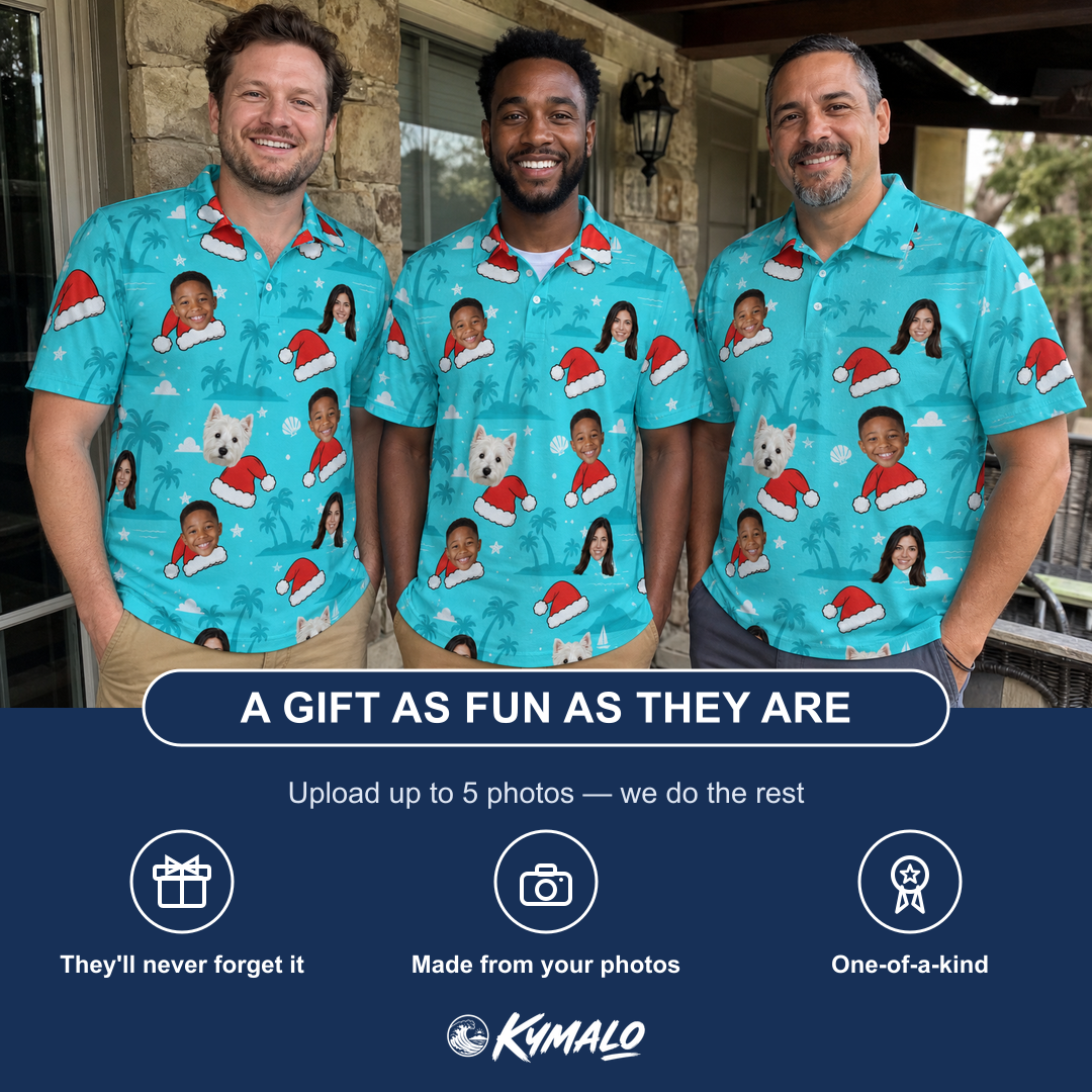 Friends in matching Men's Redcap Revelry Custom Face Polo Shirt — a group gift photo
