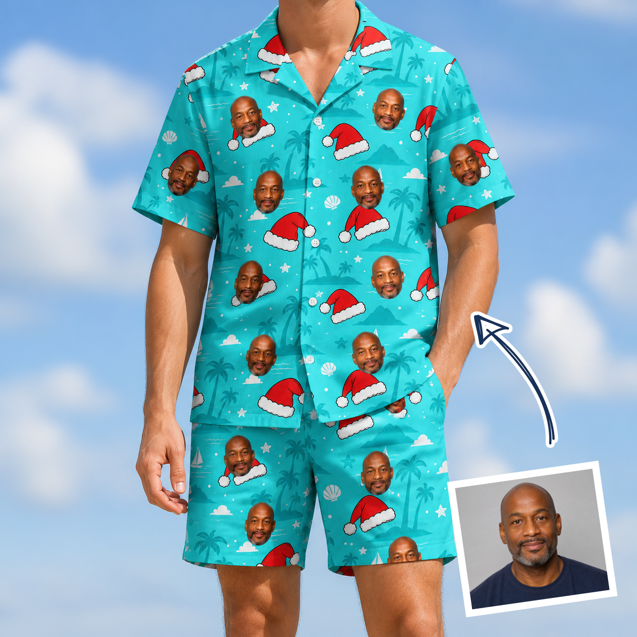Man wearing Men's Redcap Revelry Custom Face Shirt & Shorts Set — custom faces printed all-over