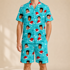 Model wearing Men's Redcap Revelry Custom Face Shirt & Shorts Set printed with kids' faces