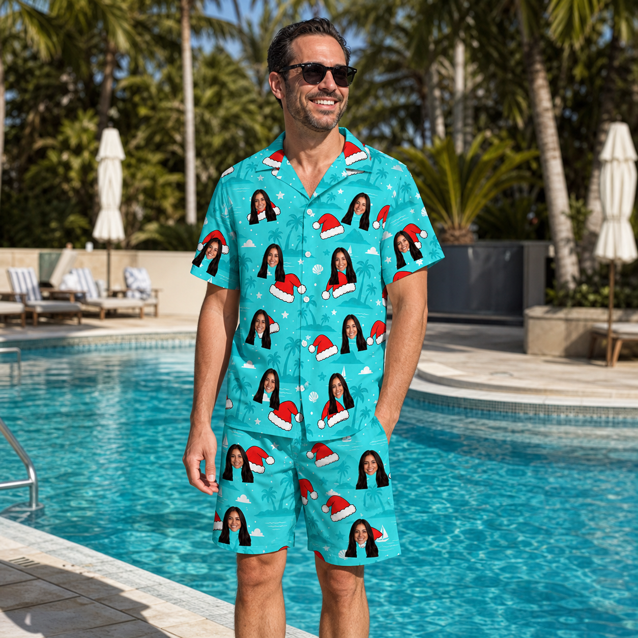 Real-life photo of someone wearing Men's Redcap Revelry Custom Face Shirt & Shorts Set — custom faces printed all-over