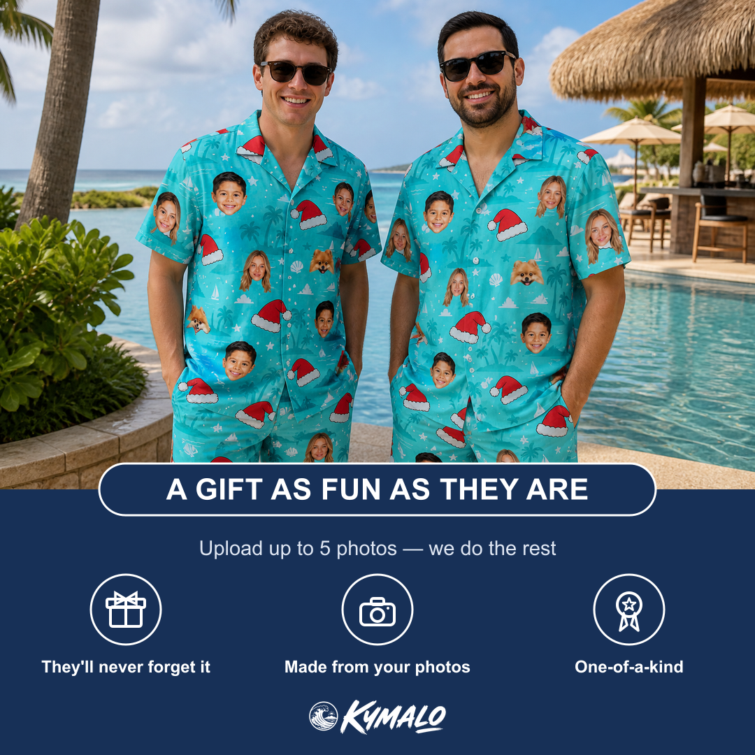 Friends in matching Men's Redcap Revelry Custom Face Shirt & Shorts Set — a group gift photo