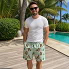 Real-life photo of someone wearing Men's Evergreen Extravaganza Custom Face Beach Shorts — custom faces printed all-over