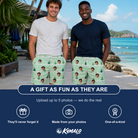 Friends in matching Men's Evergreen Extravaganza Custom Face Beach Shorts — a group gift photo