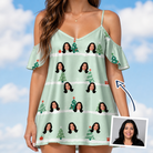 Woman wearing Women's Evergreen Extravaganza Custom Face Off-Shoulder Dress — custom faces printed all-over