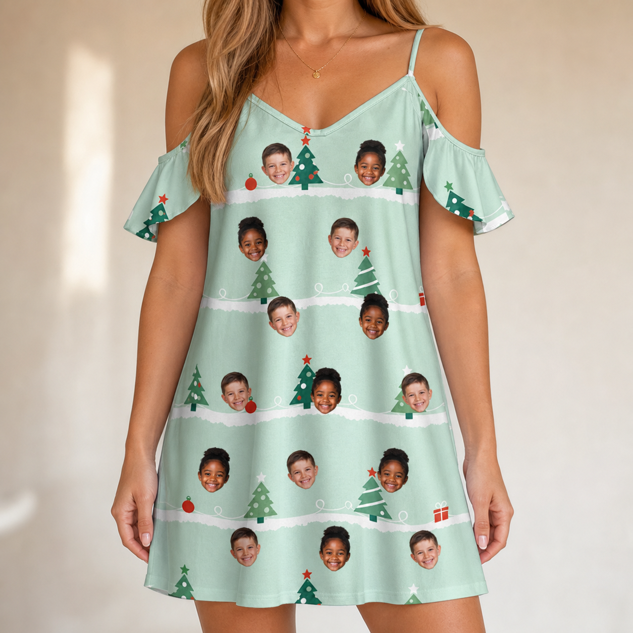 Model wearing Women's Evergreen Extravaganza Custom Face Off-Shoulder Dress printed with kids' faces