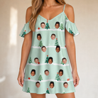 Model wearing Women's Evergreen Extravaganza Custom Face Off-Shoulder Dress printed with kids' faces