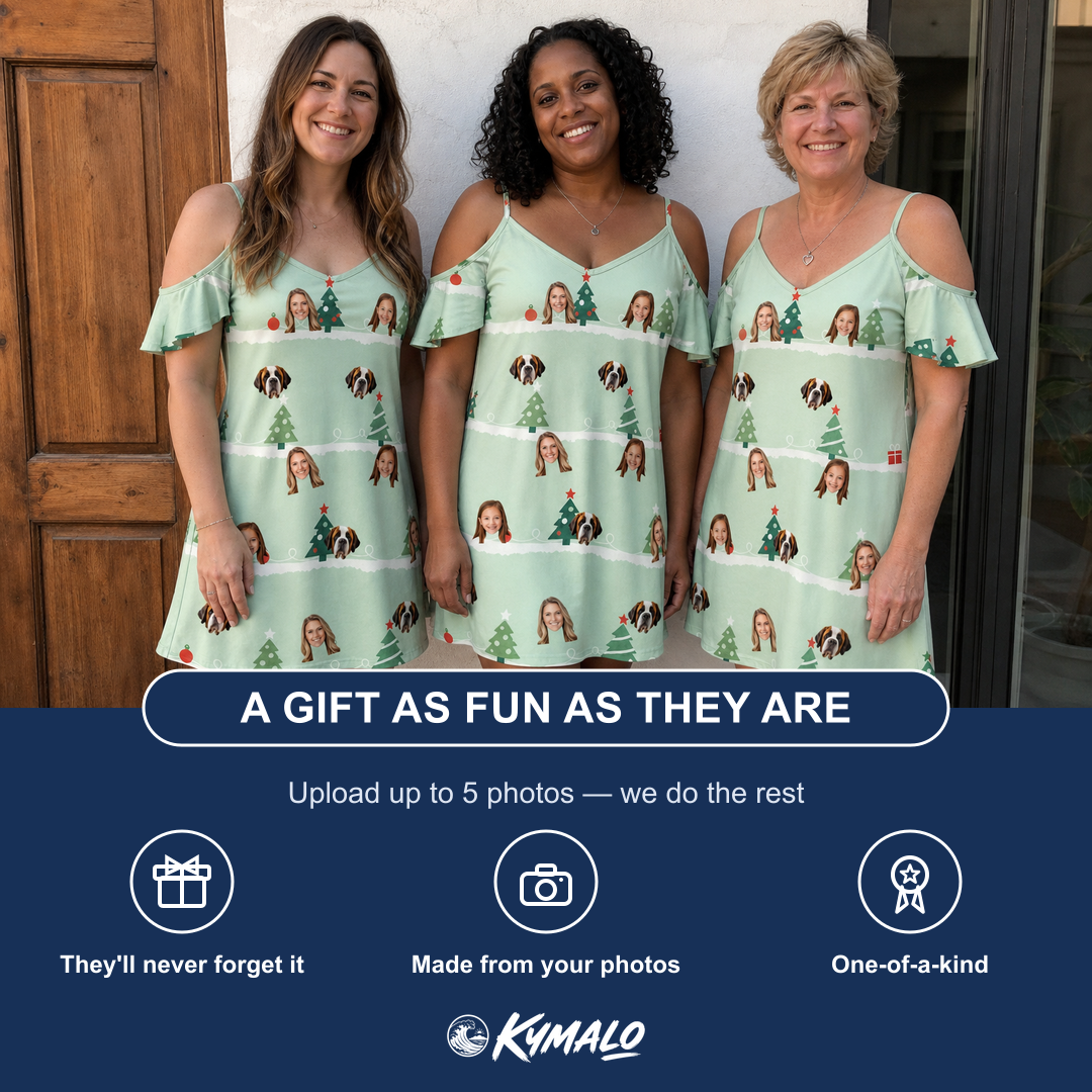 Friends in matching Women's Evergreen Extravaganza Custom Face Off-Shoulder Dress — a group gift photo