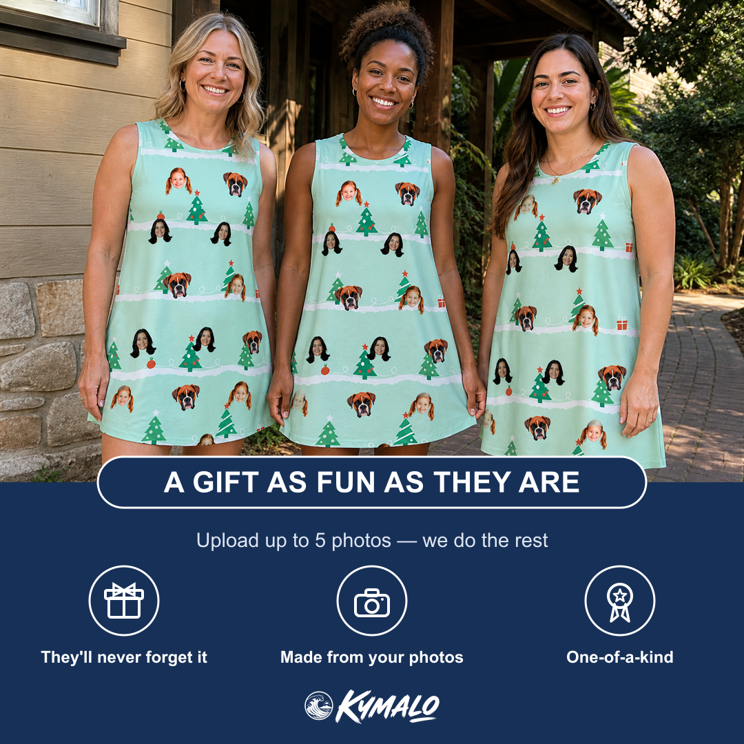 Friends in matching Women's Evergreen Extravaganza Custom Face Tank Dress — a group gift photo