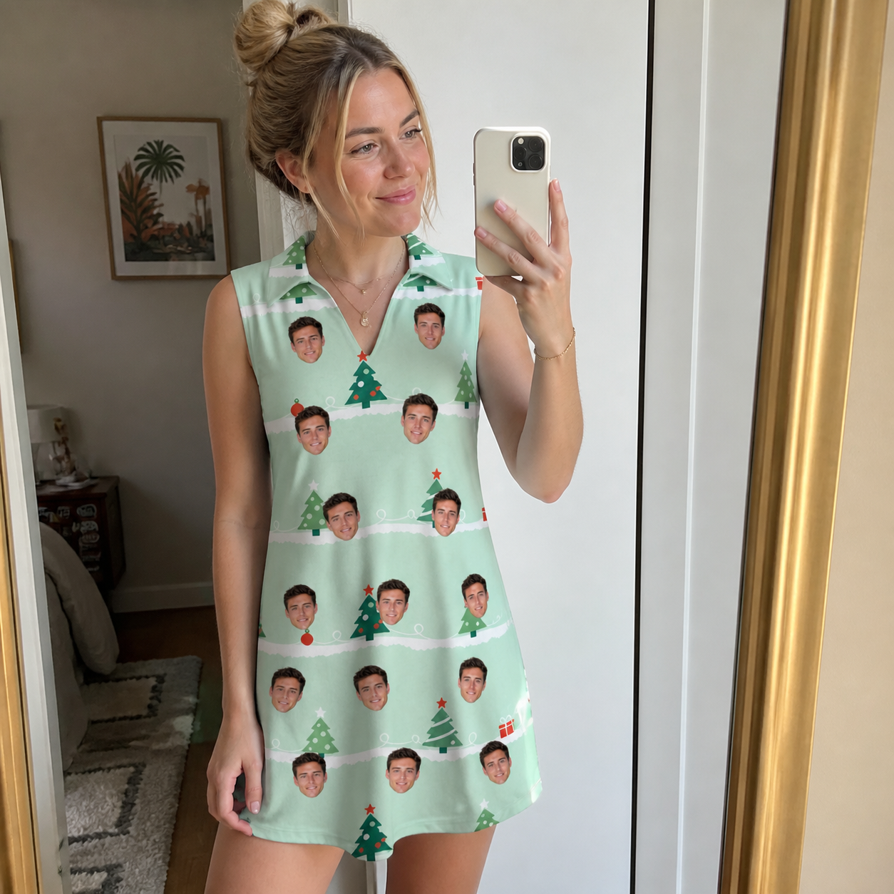 Real-life photo of someone wearing Women's Evergreen Extravaganza Custom Face V-Neck Dress — custom faces printed all-over