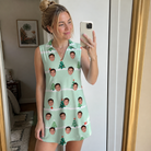 Real-life photo of someone wearing Women's Evergreen Extravaganza Custom Face V-Neck Dress — custom faces printed all-over