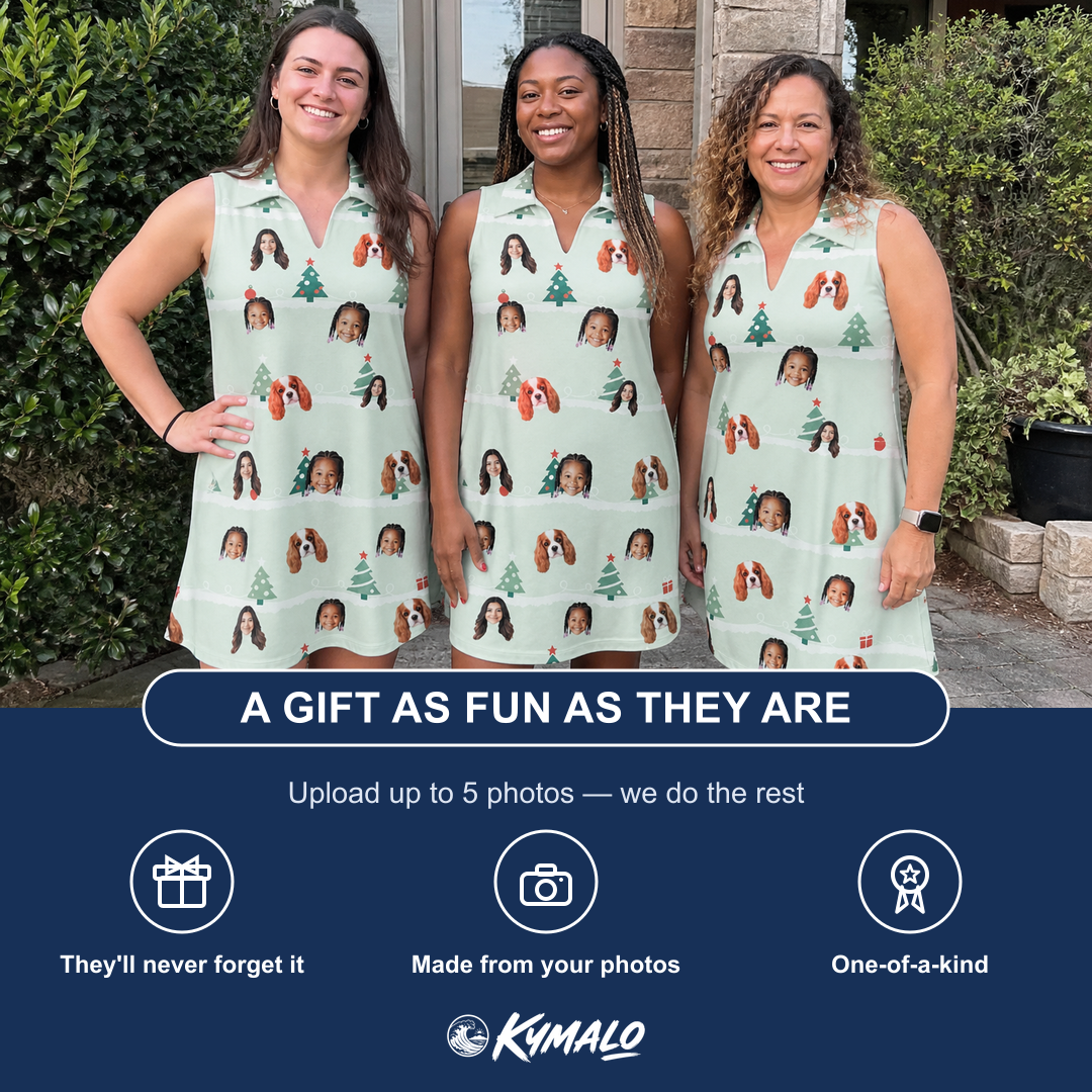 Friends in matching Women's Evergreen Extravaganza Custom Face V-Neck Dress — a group gift photo