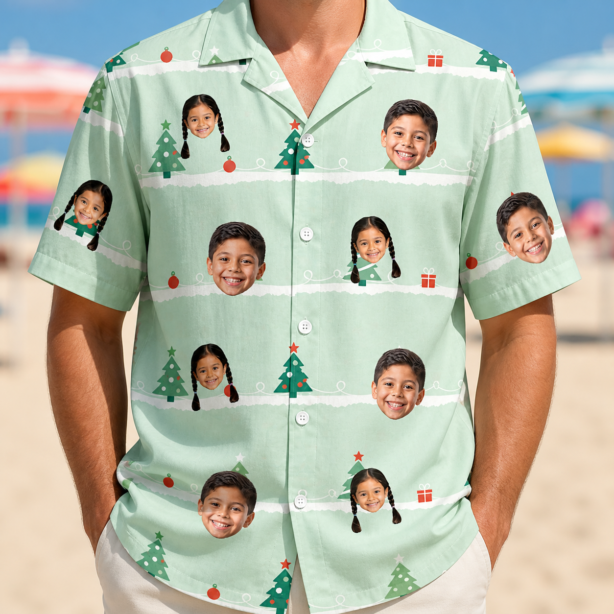 Model wearing Men's Evergreen Extravaganza Custom Face Hawaiian Shirt printed with kids' faces