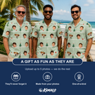 Friends in matching Men's Evergreen Extravaganza Custom Face Hawaiian Shirt — a group gift photo