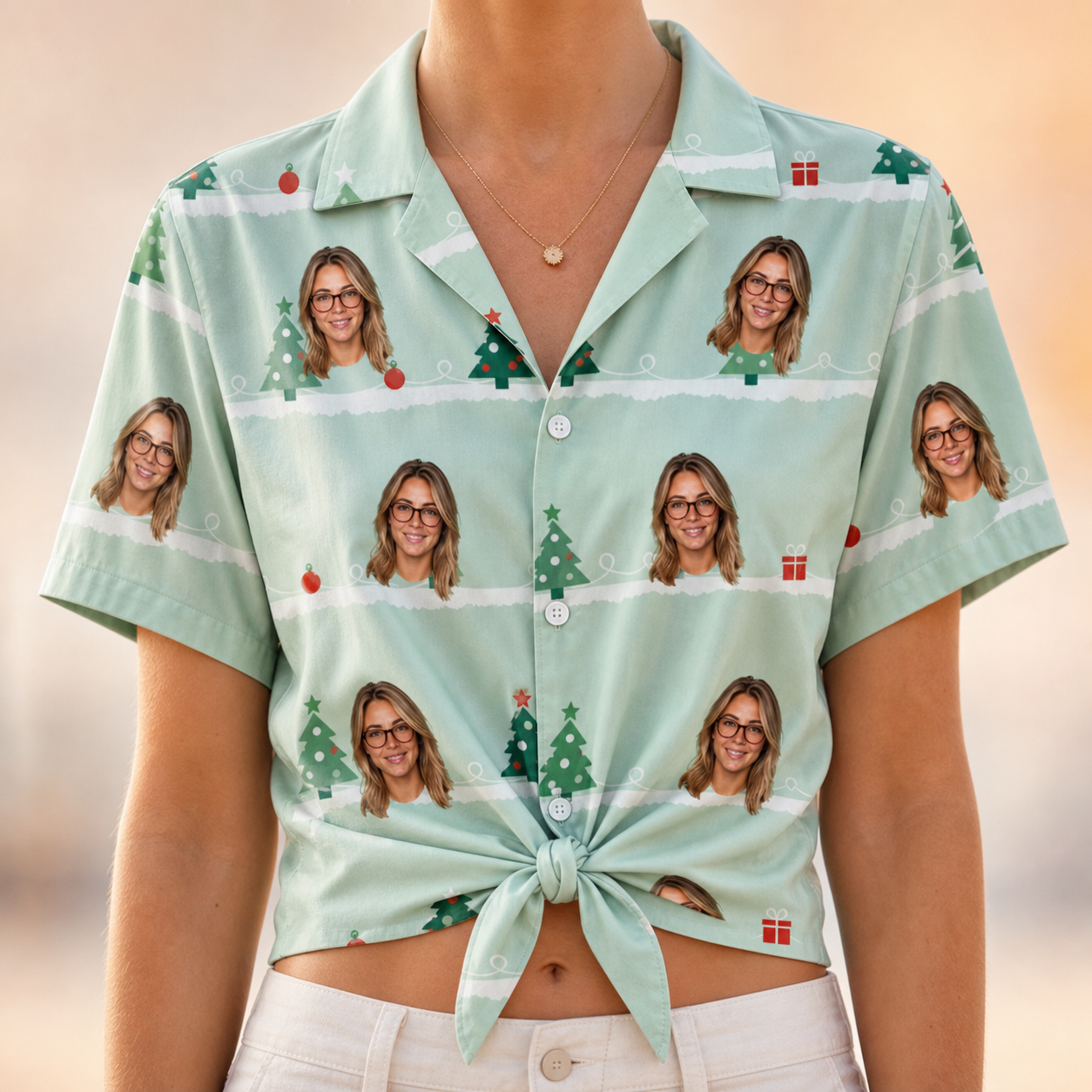 Woman wearing Women's Evergreen Extravaganza Custom Face Hawaiian Shirt tied at the waist