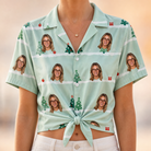 Woman wearing Women's Evergreen Extravaganza Custom Face Hawaiian Shirt tied at the waist